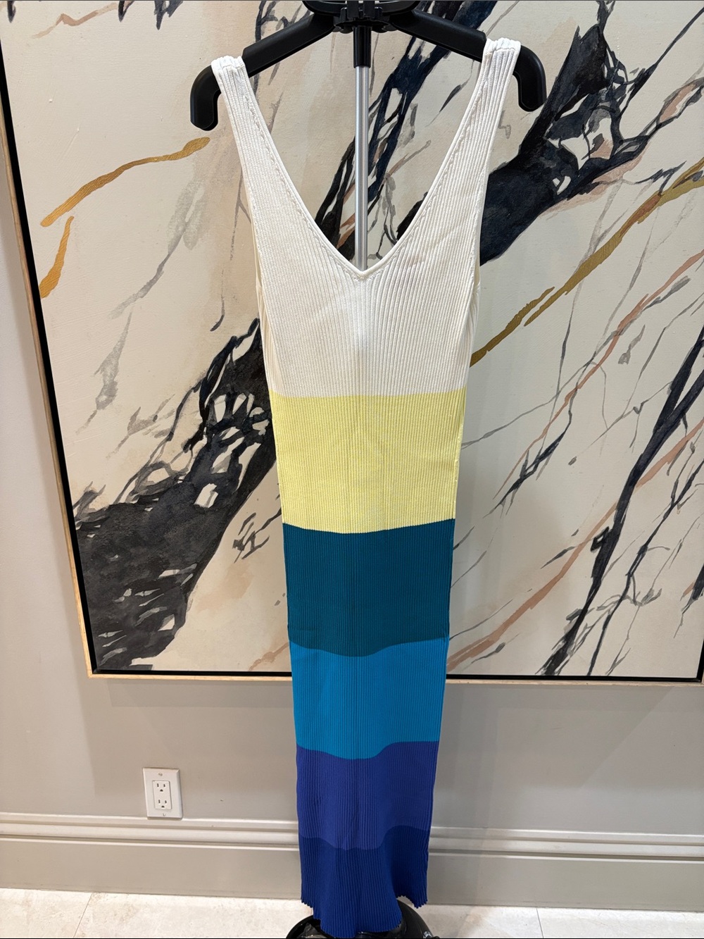 STAUD Colorblock Ribbed Maxi Dress in White, Yellow, Teal, Turquoise, Blue